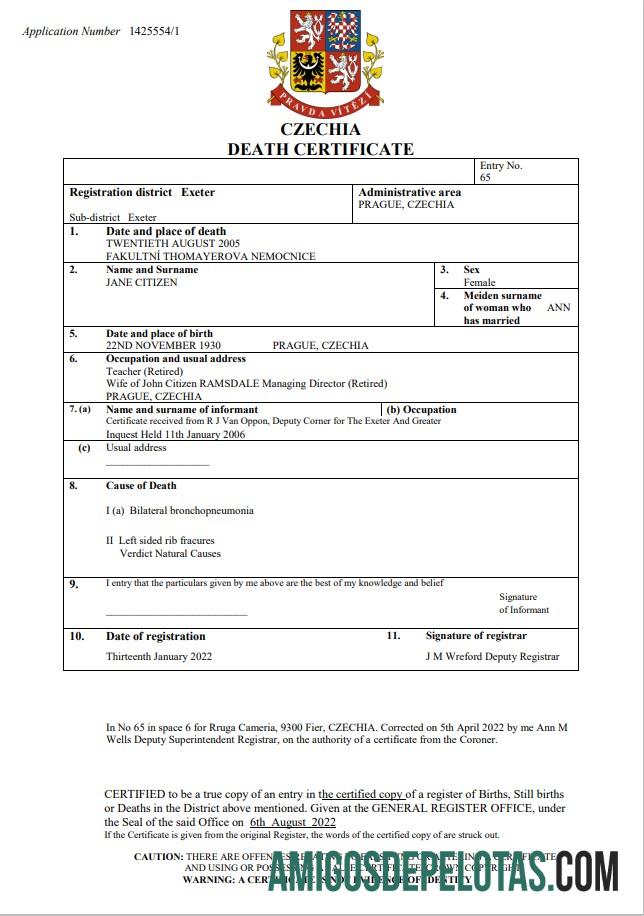 Em branco modelo Word e PDF de certidão de óbito da República Tcheca